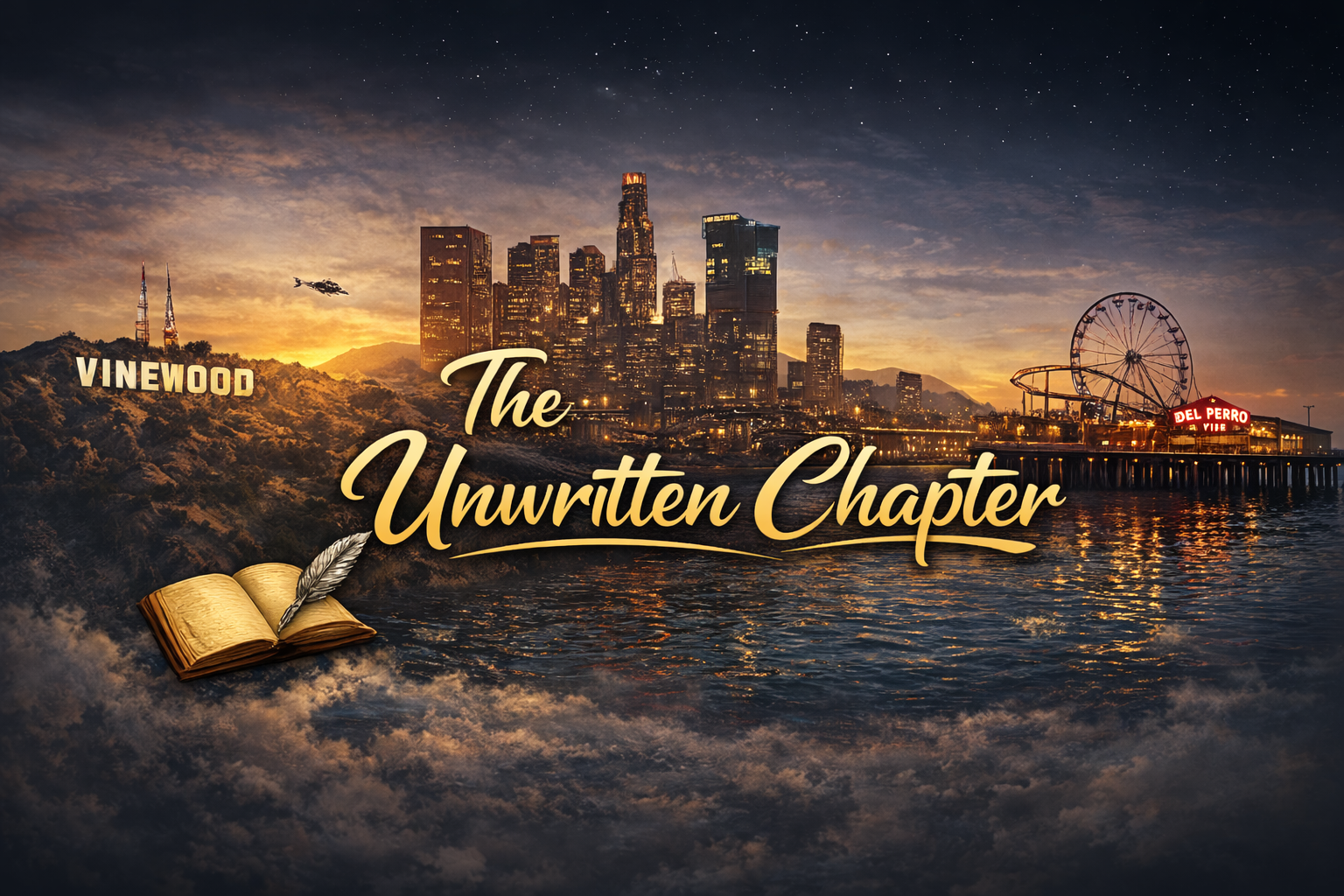 The Unwritten Chapter Skyline mit Buch, Feder und Schriftzug